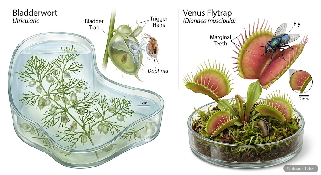 Examples of Insectivorous Plants Illustrations of common insectivorous plants like Bladderwort and Venus Flytrap, showing their specialized structures for trapping and digesting insects.